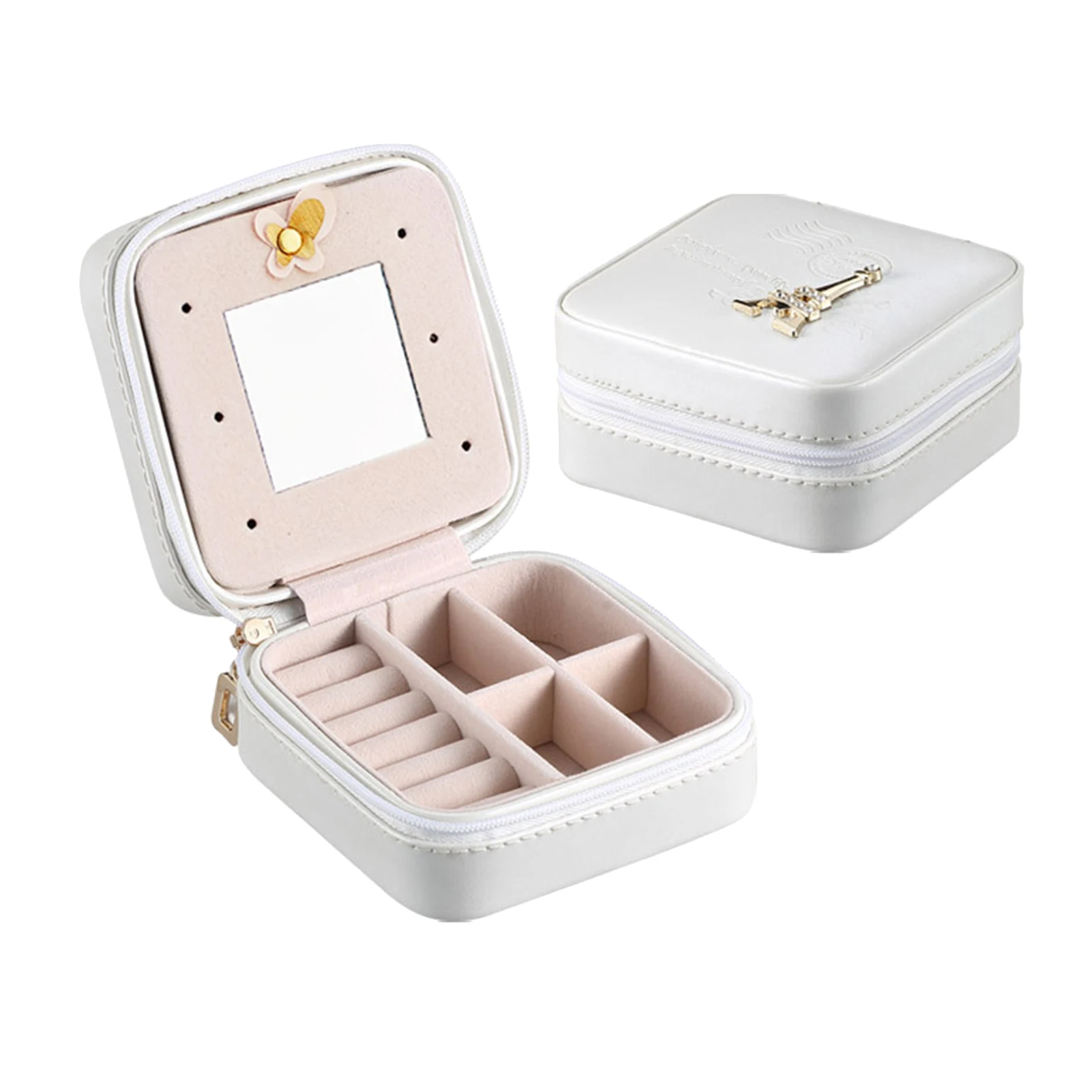 

Women Girls Home Anniversary Rings Storage Organizer Jewellery Box PU Leather Travel Necklace Gift With Mirror Portable Small
