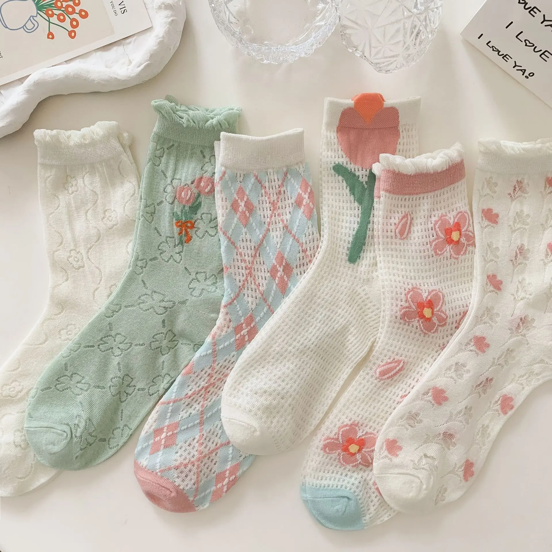 Vintage Flower Socks Women Fashion Summer Sexy Lace Mesh Thin Breathable Long Socks Harajuku Retro Kawaii Cute Crystal Silk Sock