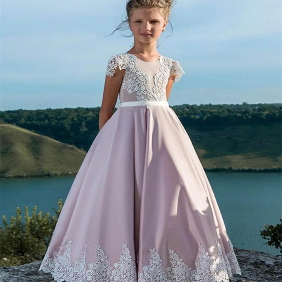 

Pink Flower Girls Dresses for Weedding Lace Appliques Short sleeve Party Dresses Floor Length Pageant First Communion Dresses