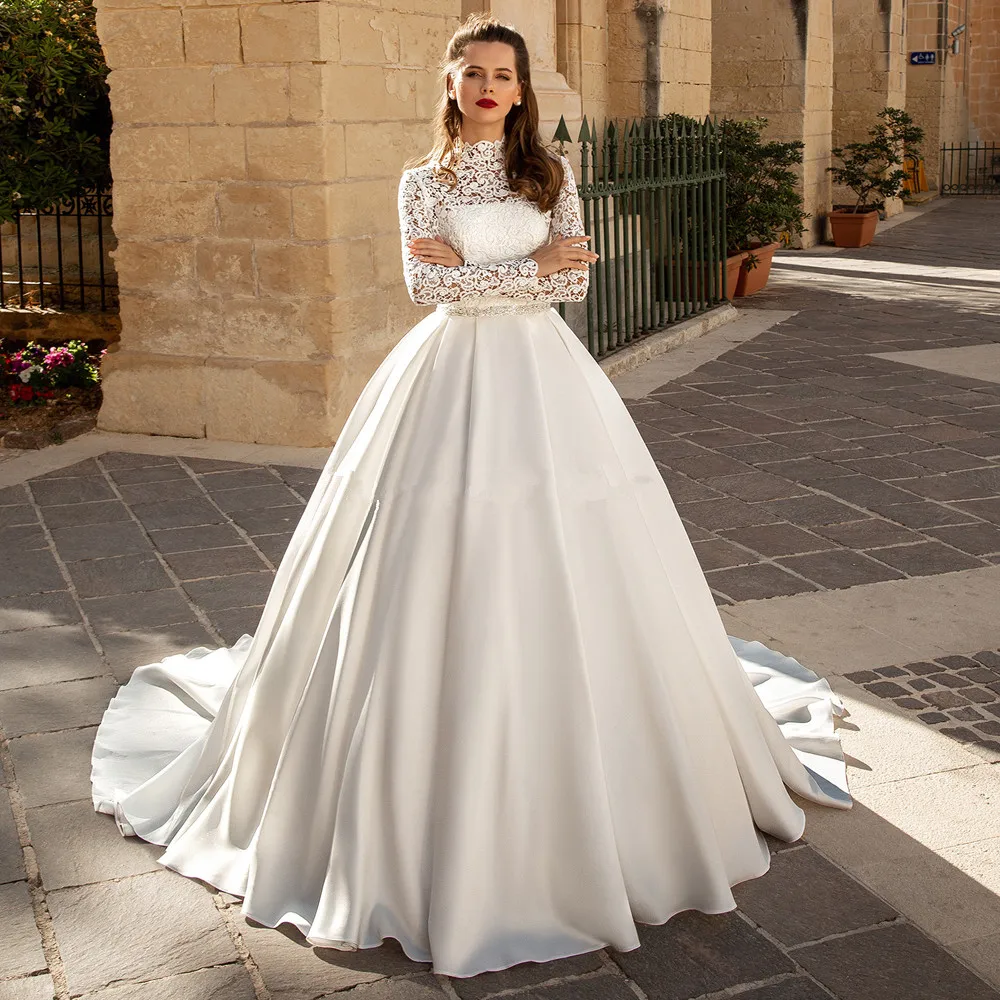 

Винтажное кружевное атласное свадебное платье с длинным рукавом, бальное платье, женское свадебное платье с бисером, изготовленное на заказ
