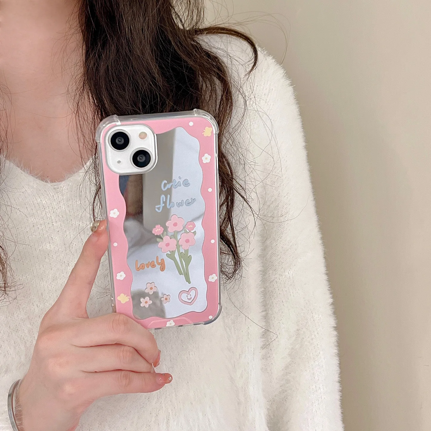 

Personality Mirror Phone Case For iPhone 13 12 11 Pro Max XS X XR 7 8 Plus Cute Flower Floral Letter Soft Cover Bumper Capa