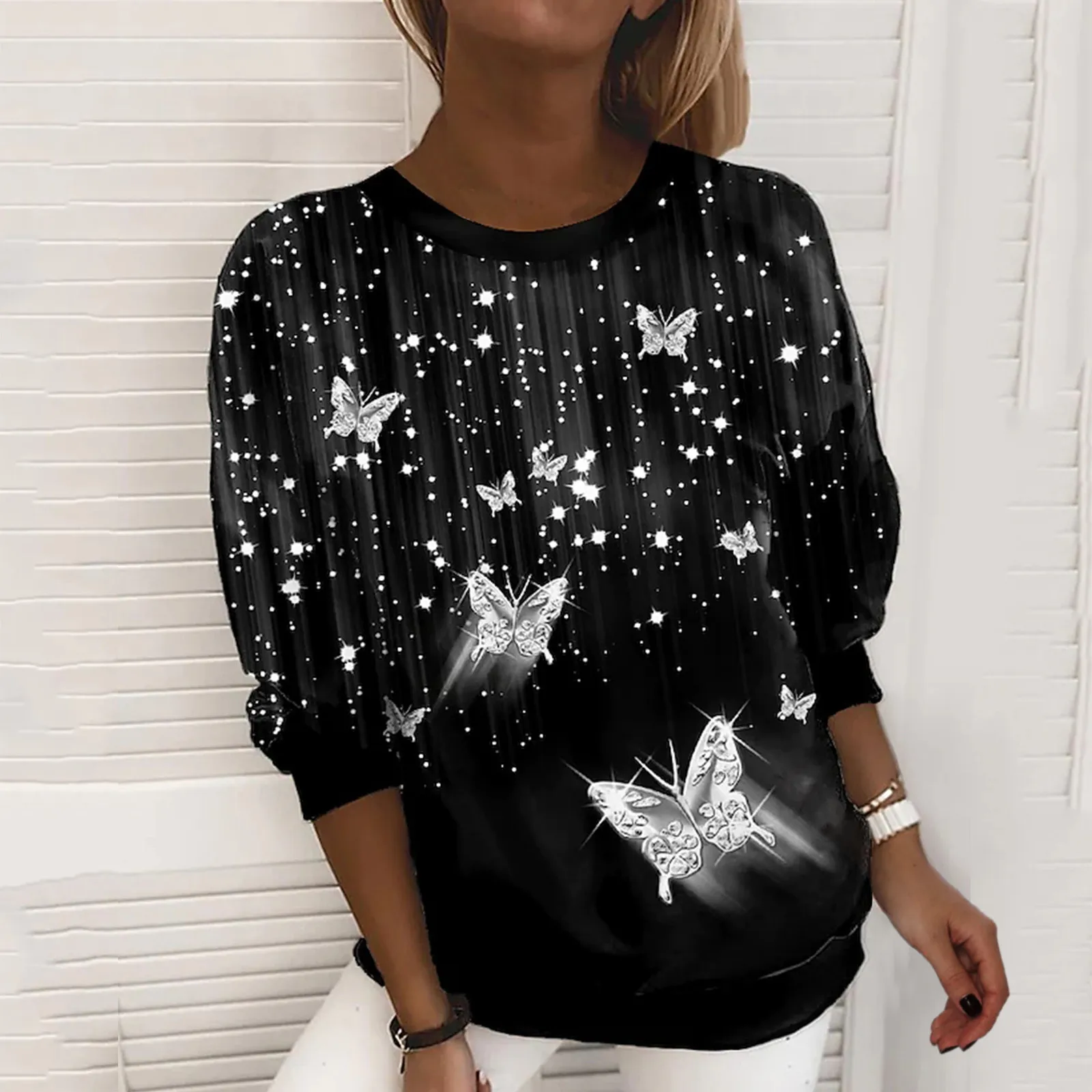 

Womens Pullover Round Neck Long Sleeve Top Casual Hollow Butterflies Print Casual Fashion Shirt Blouse Womens Knit Shirts
