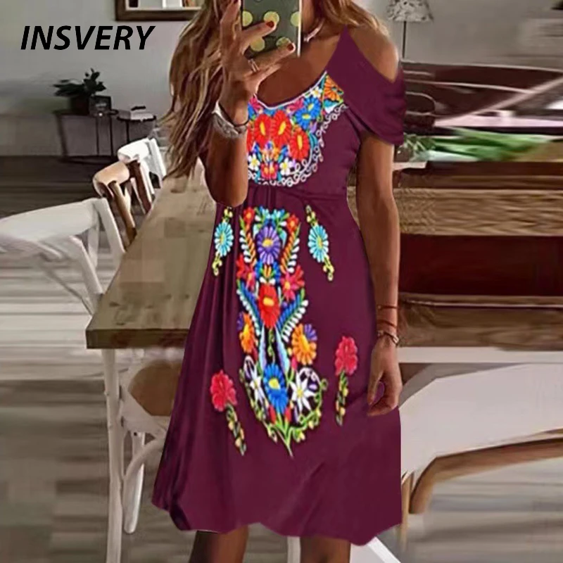 

Women Vintage Off Shoulder V Neck Party Dress Summer Short Sleeve Print Hollow Out Dresses For Women Casual Mini Dress 2022