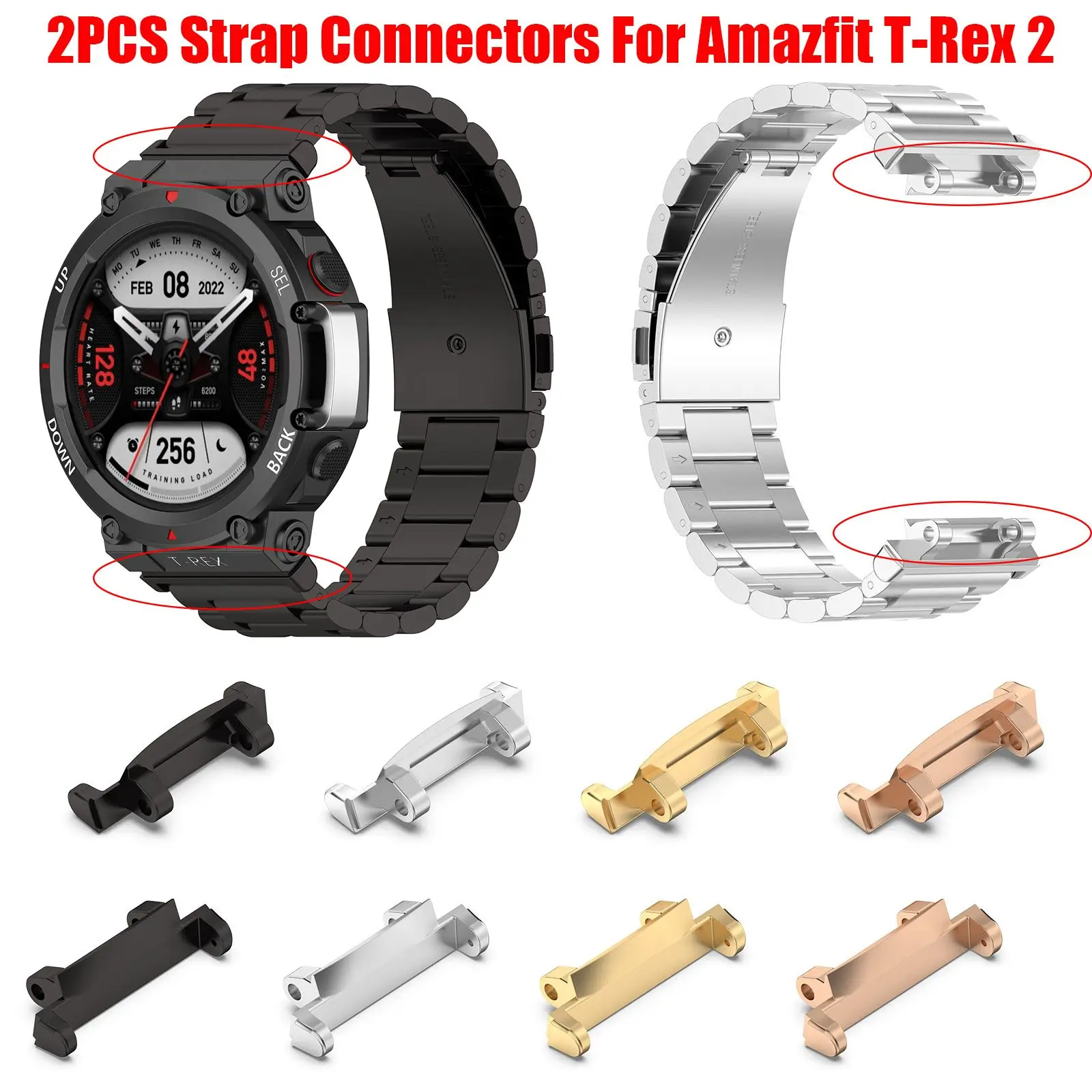 

2Pcs Wrist WatchBand Strap Adapter For Amazfit T-Rex 2 Smartwatch Wristband Metal Connector Stainless Steel Watch Accessories