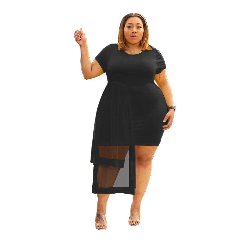 Plus Size Women's Dress 2023 New Large Women's Summer Short Sleeve Korean Fitting Mesh Stitching Irregular Perspective Dress