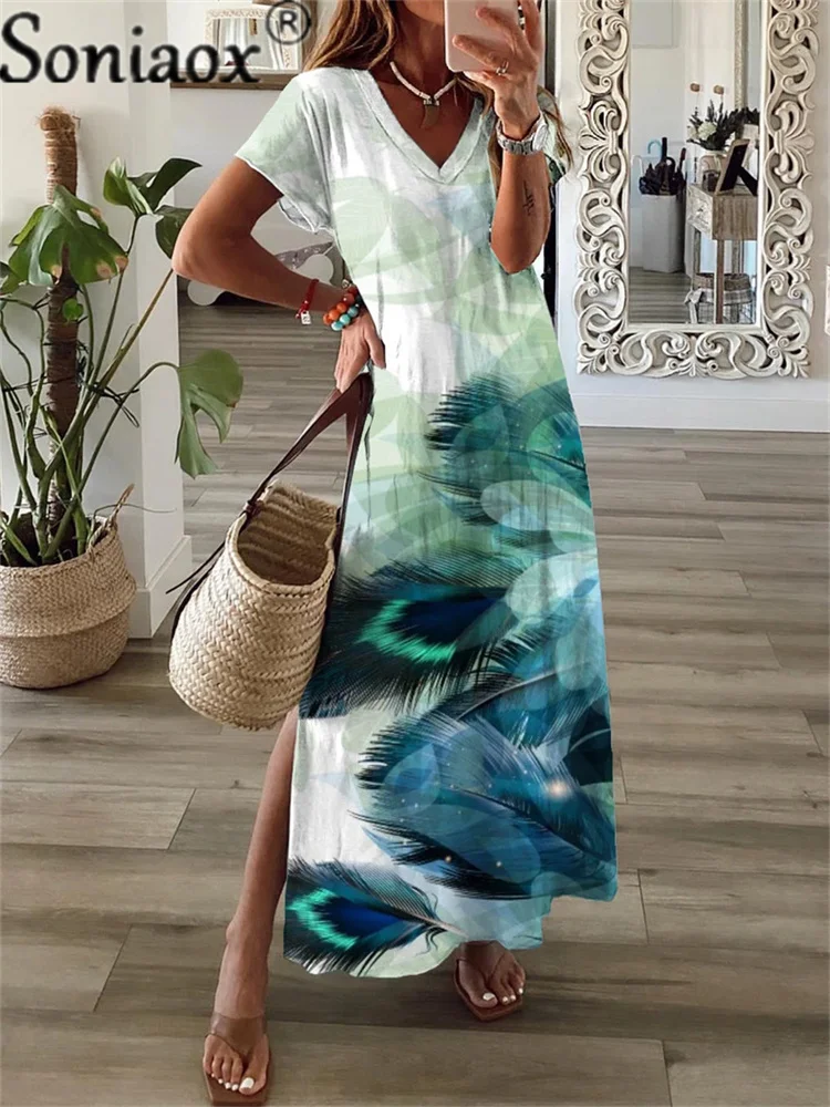 Купи Summer 2022 New Floral Print Chiffon Dress Ladies Vintage Casual Beach Dress V-Neck Short Sleeve A-Line Flower Mid-Length Dress за 680 рублей в магазине AliExpress