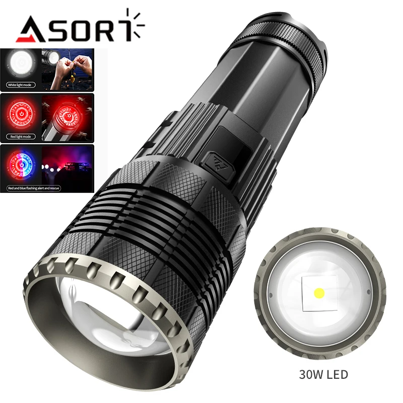 30W LED Flashlight USB C Rechargeable Torch 2000m Long Range With Three Color Induction Tail Light Zoom Strong Light Lantern