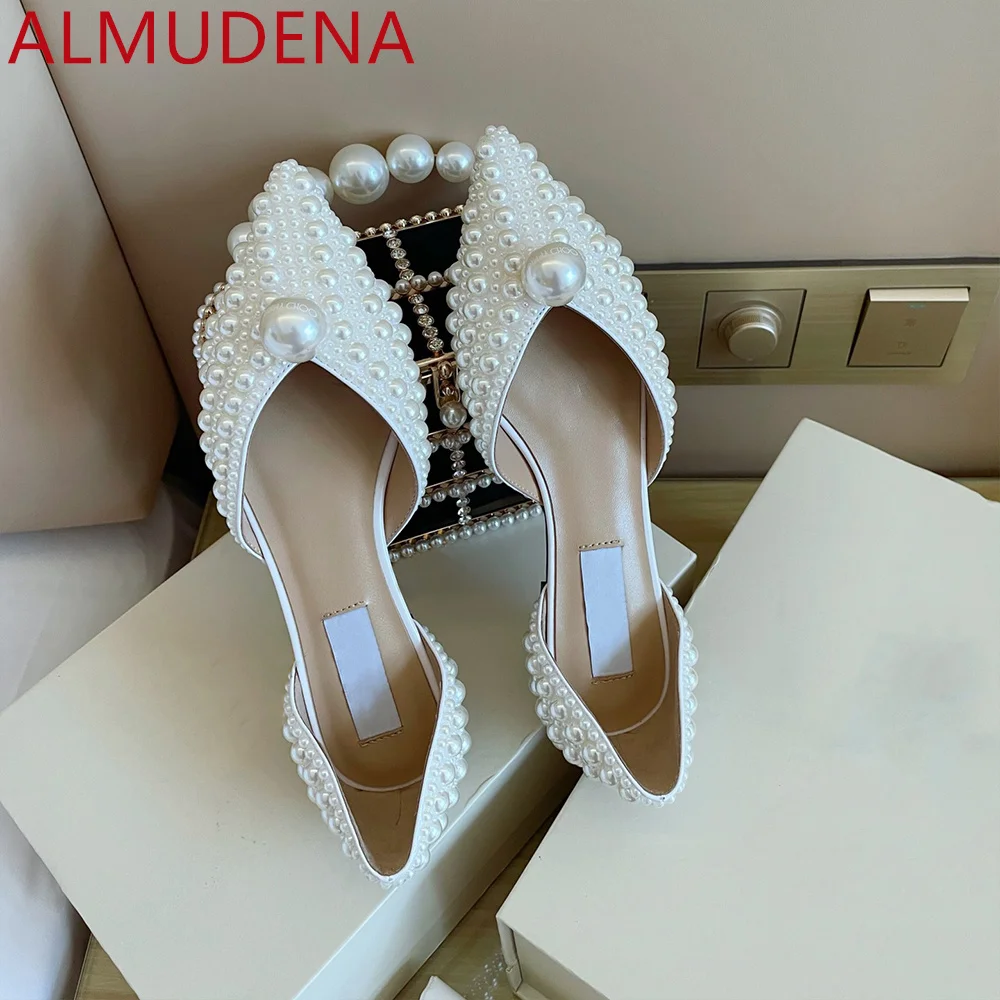 Pointed Toe Women D'orsay Flats Full Pearl Shoes Elegance Dress Adult Summer Genuine Leather Sheepskin Shoe Outside Slip On Flat