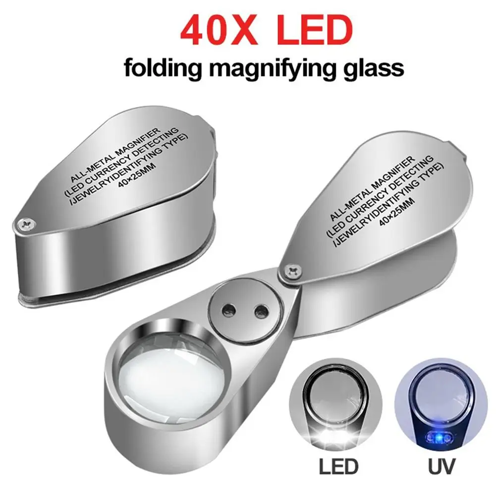 

40X Foldable Magnifier Metal Jewelry Loupe Magnifying Glass Portable Handheld Eye Magnifier LED Lamp UV Light Lamp Magnifier
