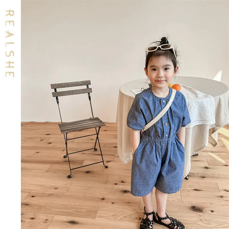 

Summer Children Denim Jumpsuit 1-7Years Toddler Kid Girl Pocket Loose Suspender Pants Jeans Fashion Overalls Clothes