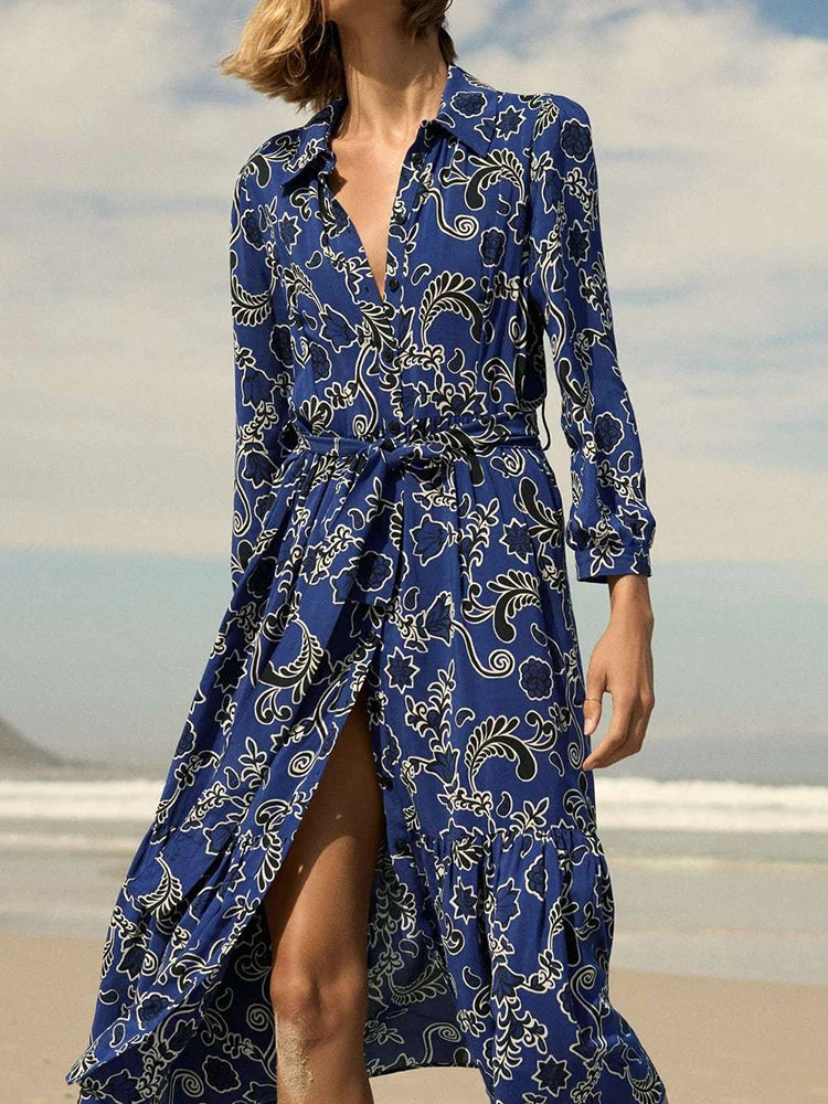

Dress New Fashion Retro Print Lapel Slim Belt Elegant Women Dress 2022 Fashion Chic Street Youth Vacation Dress Women