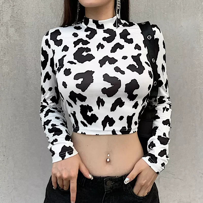 

Milk Cow Print T Shirt Women Harajuku Skinny Slim Stand Collar Long Sleeve Sexy White Crop Top Tee Female Fashion Clothes