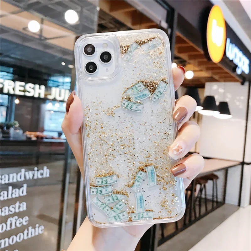 Фото Чехол Dollar Quicksand для iPhone 16, 14, 15, Pro Max, чехол для телефона, блестящий движущийся песок, золотые, серебряные фигурки, ракушка, жидкий корпус №1
