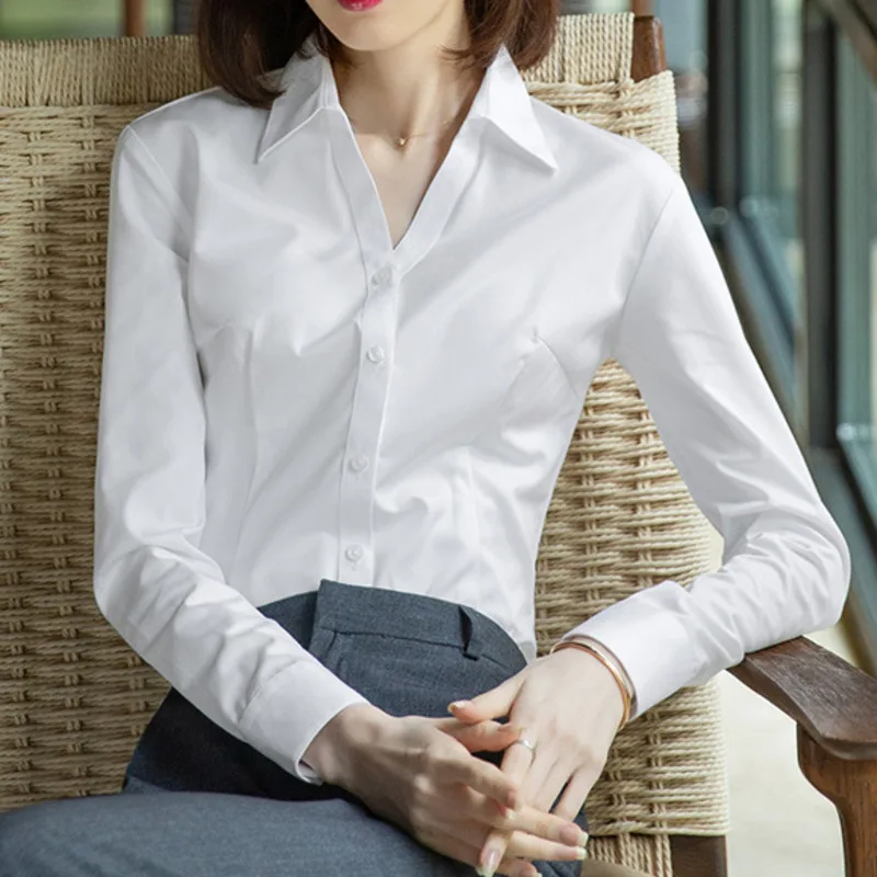 

2022 Button Up Collared Shirt Spring OL Women's Elegant White Blouse Long Sleeve Shirts For Women Tops Chic Woman Blouse Tunics