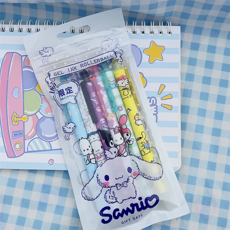 6Pcs/Set Sanrio Series Pen Hello Kitty Kuromi Melody Cartoon Print Gel Pen Kawaii Stationeries 0.5mm Press Pen Girl School Pen