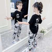 2022 new summer girls clothing sets cartoon anime doodle short sleeve t shirt casual pants teenager 8 10 12 14 years junior