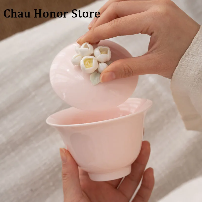 

160ml Boutique Hand-kneaded Flower Tea Tureen Mutton Fat Jade Pink White Porcelain Tea Maker Gaiwan Cover Bowl Kung Fu Tea Set