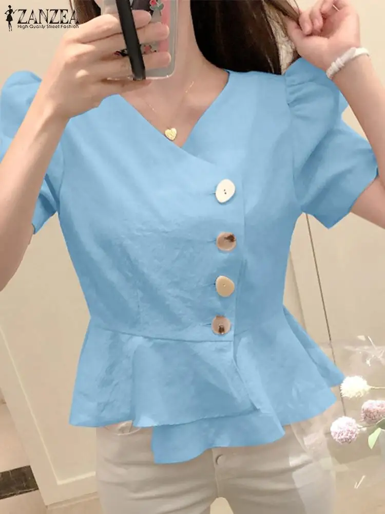 

Блузка ZANZEA женская с V-образным вырезом, модная сорочка на талии, Повседневная Элегантная короткая рубашка с оборками на подоле, на пуговица...