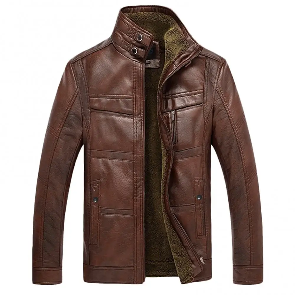 

Jacket Stand Collar Faux Leather Warm Men Long Sleeve Fleece Lined Zip Short Jacket
