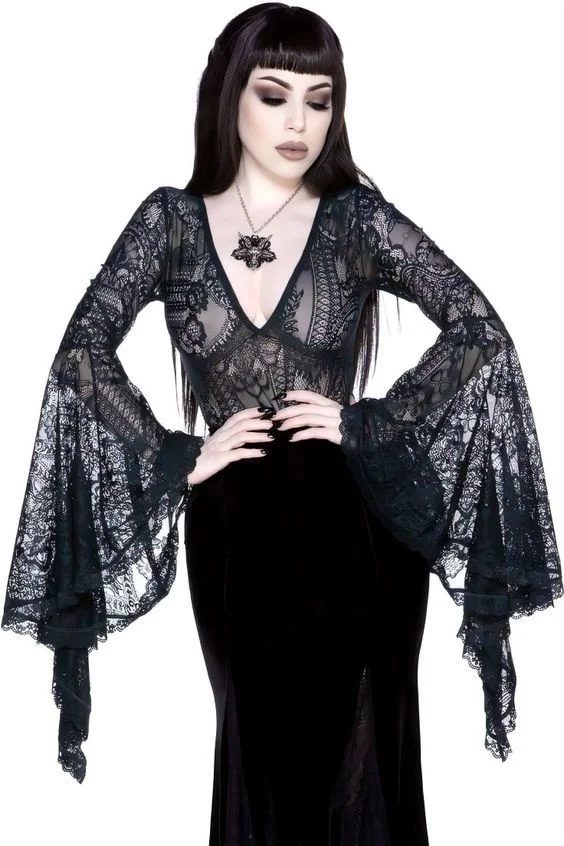 

Rosetic Retro Goth Women Mesh Lace Bodysuit Long Flare Sleeve Floral Printing V-neck Gothic Style Sexy Lady Bodysuit For Spring