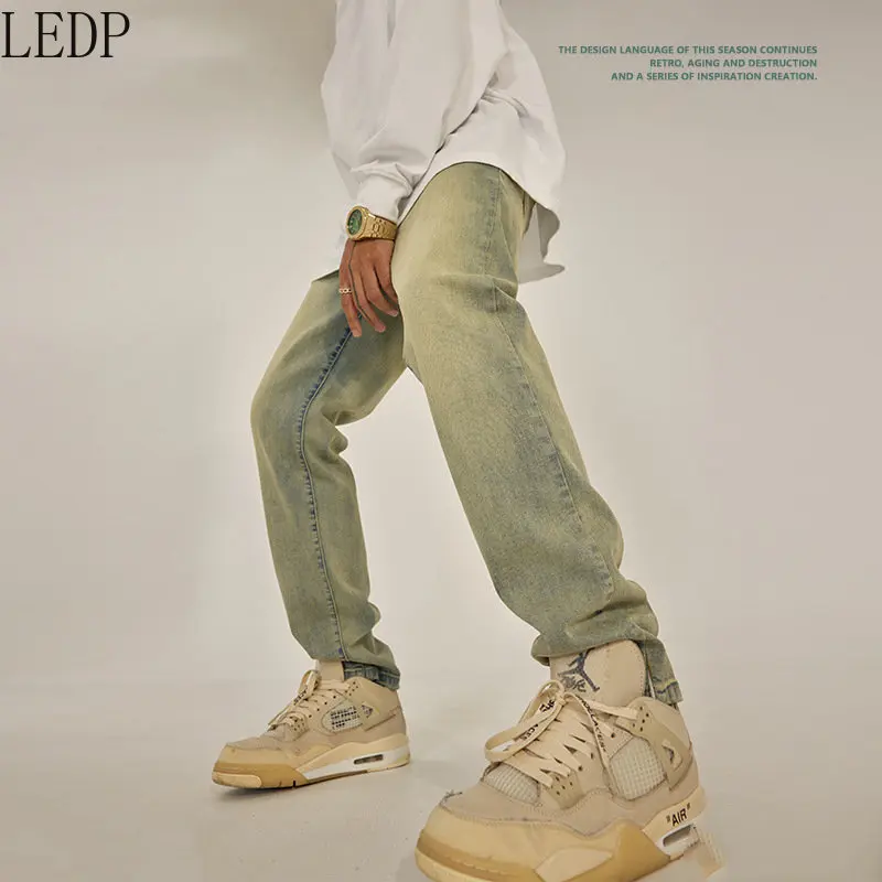 Autumn and Winter Yellow Mud Color Split Jeans Fashion Brand High Elastic Distressed Skinny Pants Men's American High Street