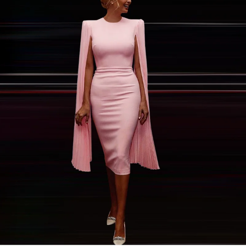 

Pink Temperament Pleated Long Flared Sleeve Midi Skirt Design Sense O-neck Slit Back Elastic Dress Plus Size 2023 Spring Summer