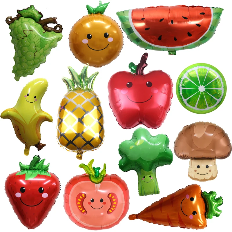 

Мультяшные воздушные шары на день рождения с фруктами и овощами, ананас, клубника, виноград, морковь, детская игрушка, воздушный шар из фольги, украшение для свадебной вечеринки