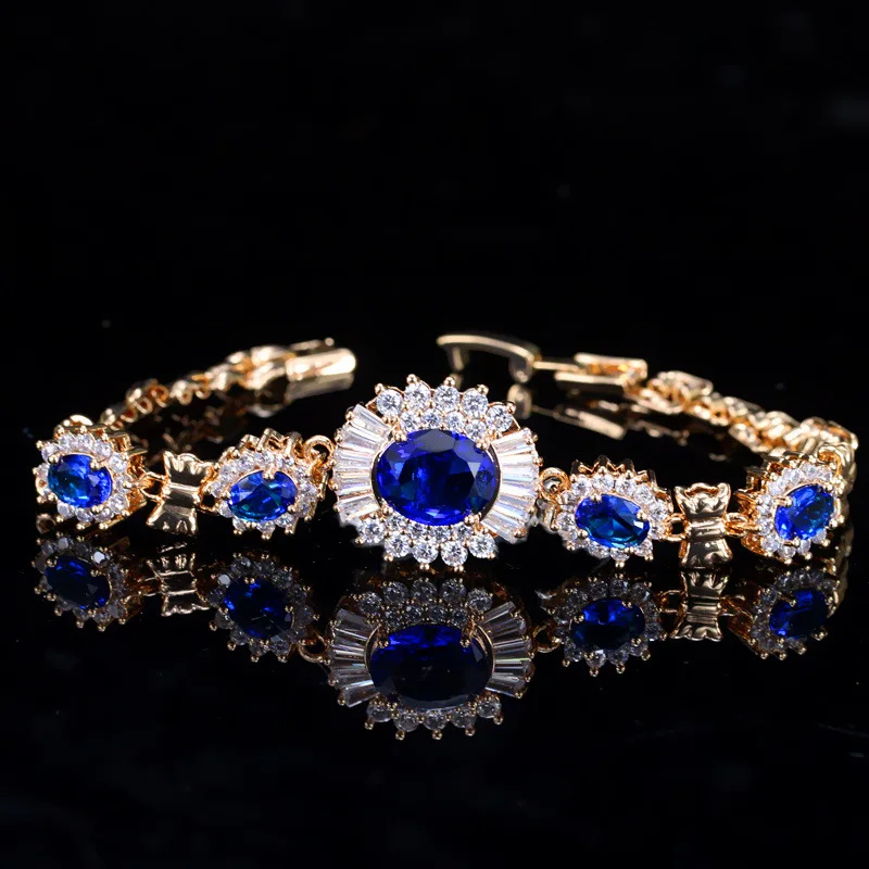 

Elegant Flower Shape Chain Link Light Yellow Gold Color Zircon Black Crystal Stone Bracelets Bangles For Women