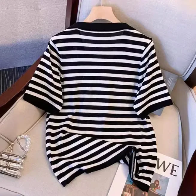 Двухсекционный вязаный топ из ледяного шелка в полоску больших размеров летний