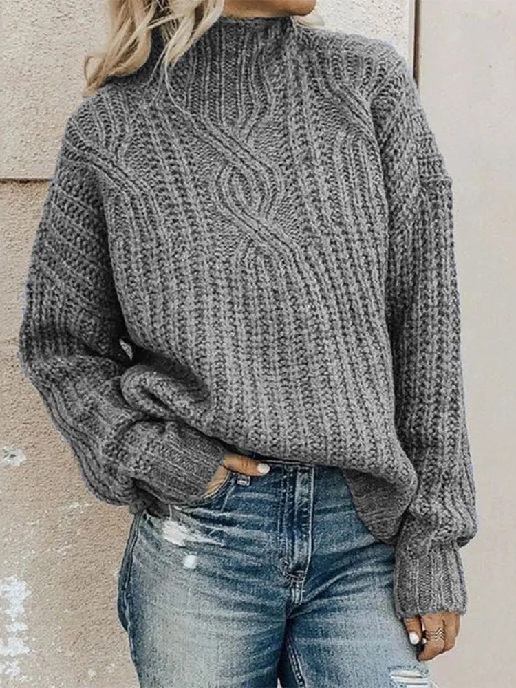 

Solid Pullover Sweater Women Long Sleeved High Neck Twist Knit Tops 2023 Autumn Winter Office Lady Fried Dough Twists Knitting