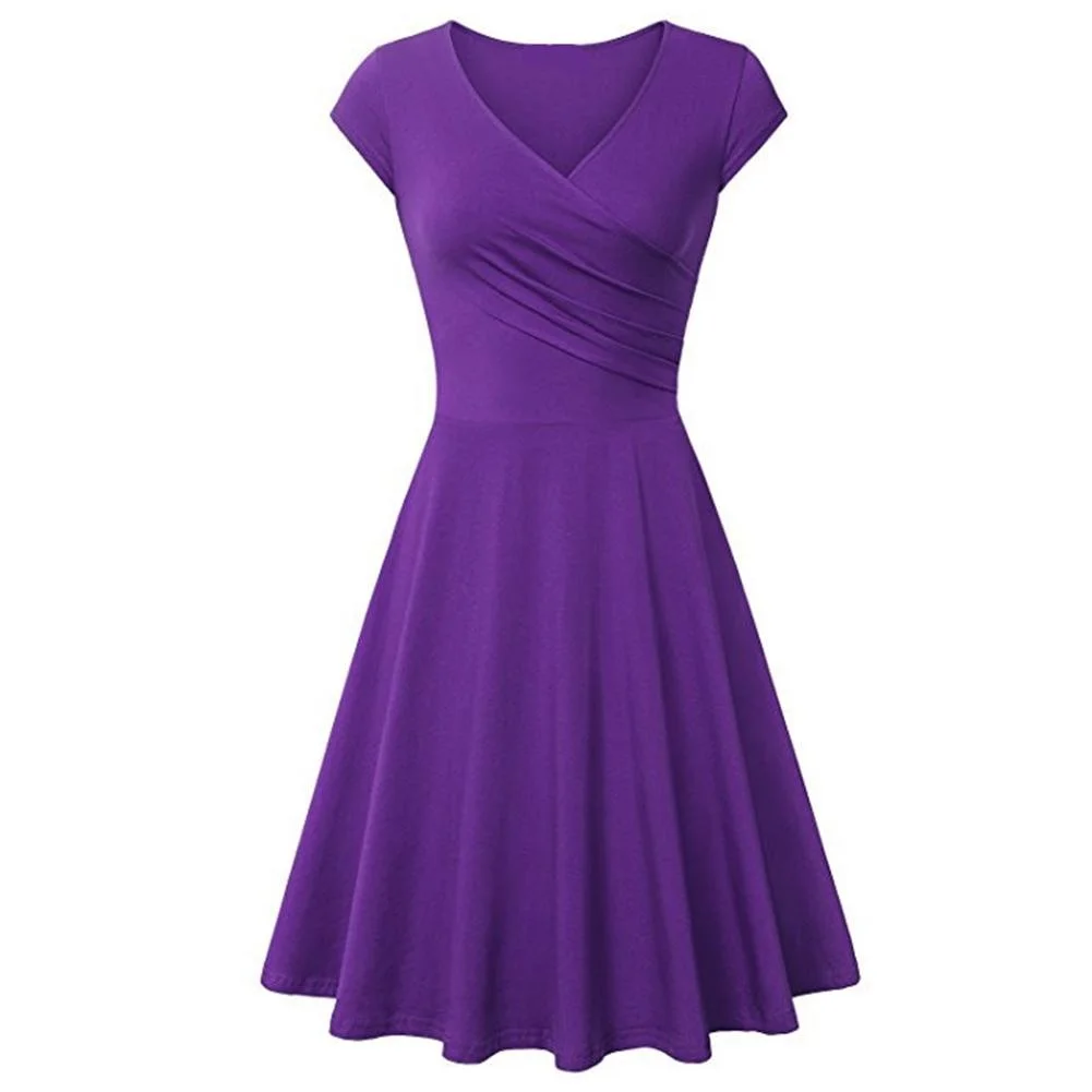 

2023 Fashion Elegant Dress Women Solid Color V Neck Short Sleeve Plated Swing Party Banquet Dress