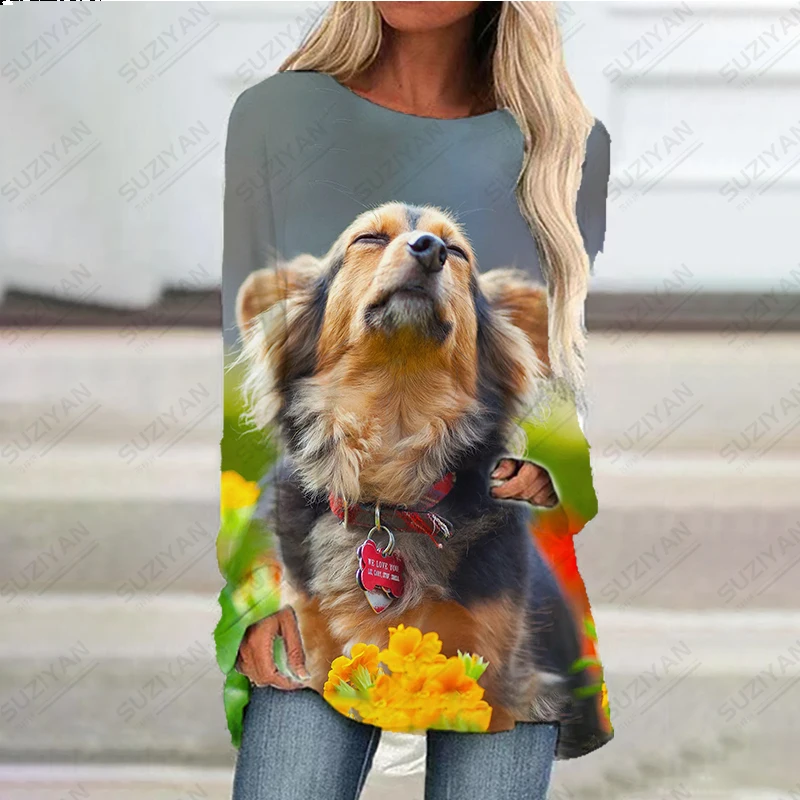 

Spring and Autumn Women's Plus Size 3D Printed Long Sleeve Long T-shirt Women's Fashion Casual Dog Pet Cute Girl Short Dress