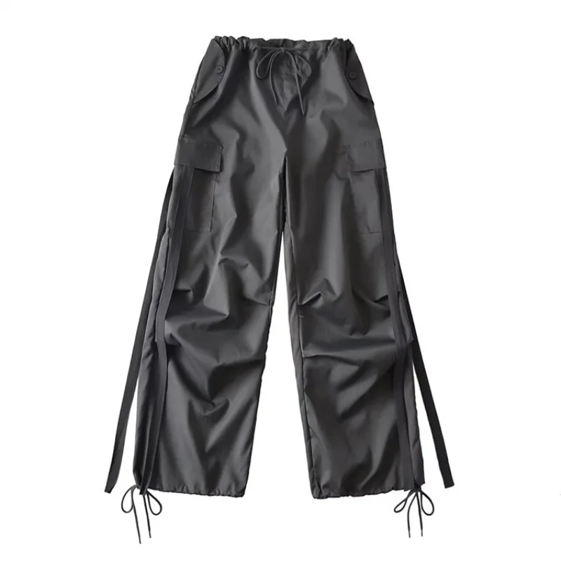Hikigawa 2023 Spring Solid High Waist Women Cargo Pants Chic Fashion Drawstring Wide Leg Trousers Loose Casual Pantalones