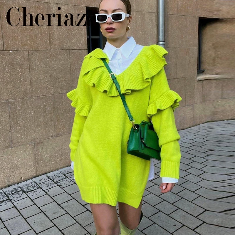 

2022Spring Women's Green V Neck Pullover Sweater Casual Loose Ruffle Decoration Side Slit Long Sleeves solid Color Tops Female