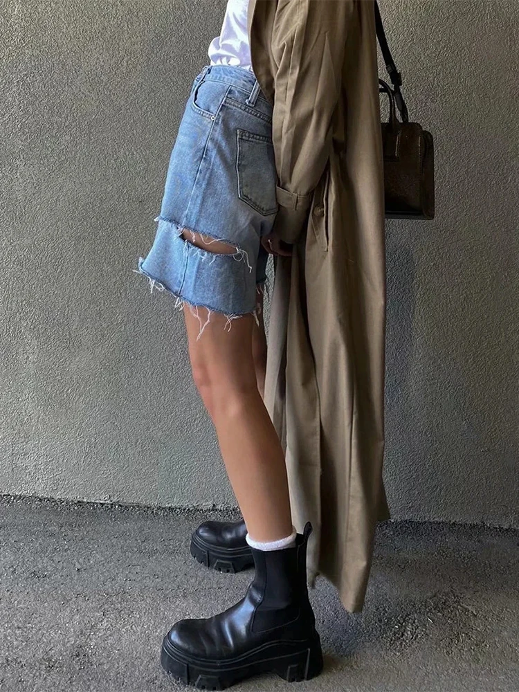 

CamKemsey 2023 женские летние хлопковые джинсовые шорты, повседневные с высокой талией, уличная одежда, рваные синие джинсовые прямые шорты