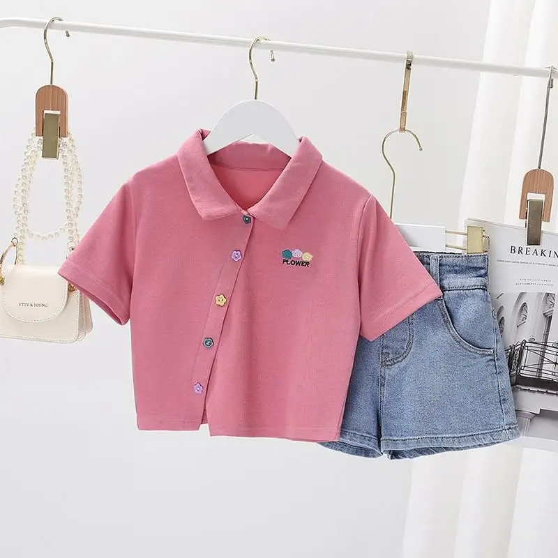 

2023 New Girls' Suit Summer Children's Fashion Denim Shorts + Cotton T-shirt 2Pcs Set Junior 3-12Y Comfortable Clothes