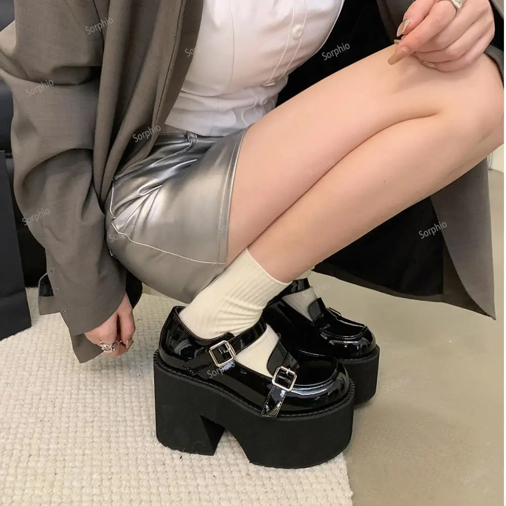 

Sorphio High Chunky Heeled Gothic Lolita Mary Janes Pumps For Women Platform Wedges Thick Bottom Buckle Strap Patent New Shoes