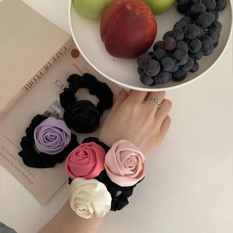 

Elegance Flower Leather Band for Women Handwork Solid Color Satin Cord High-elastic Hair Tie Korean Pure Desire Hair Accessories