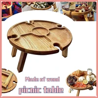 wooden outdoor folding picnic table with glass holder round foldable desk wine glass rack collapsible table for garden party