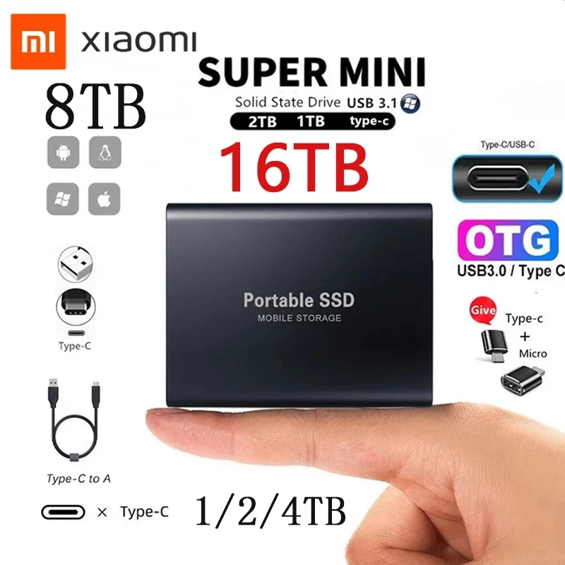 Original Xiaomi 2TB SSD Portable Flash Memory 1TB SSD Hard Drive USB 3.1 Type-C External 16TB SSD Hard Drive for Laptop Desktop
