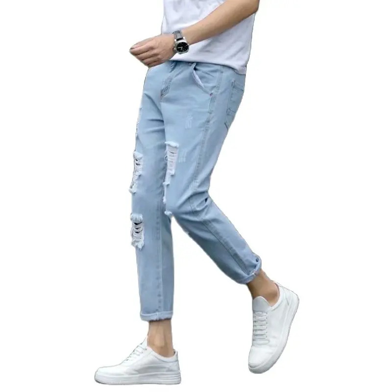 

Wholesale 2022 Ripped Elastic Jeans Youth Spring Summer Models Slim Feet Korean Trend Men's Wild Beggar Ankle Length Pants