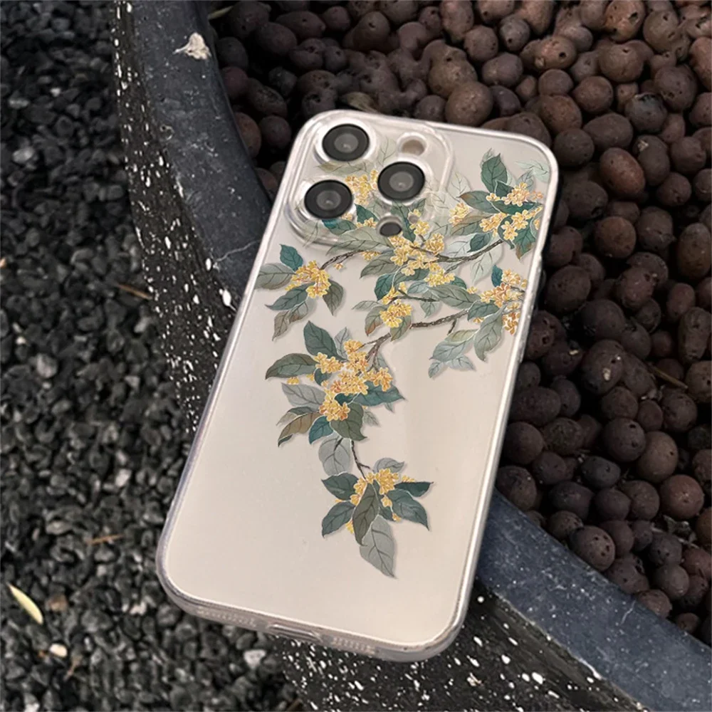 Прозрачный чехол с китайским осенним символом и цветком османтуса для iPhone 14 15 16 12