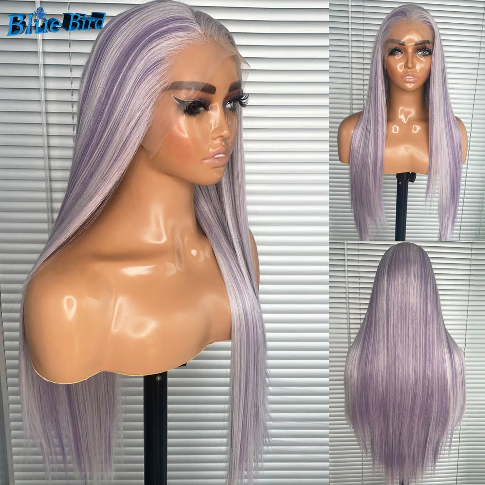 Long Futura Glueless Half Hand Tied Wig Highlights Purple Silky Straight 13x4 Synthetic Lace Front Wig Heat Resistant Fiber Wig