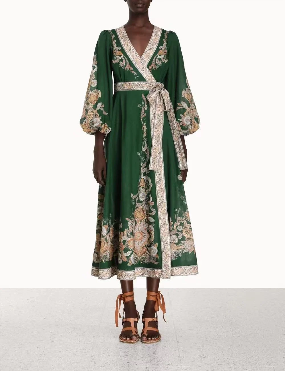 

Винтажное высококачественное платье из 2023 чистого хлопка с принтом, зеленое платье-халат с рукавами-фонариками и V-образным вырезом для жен...