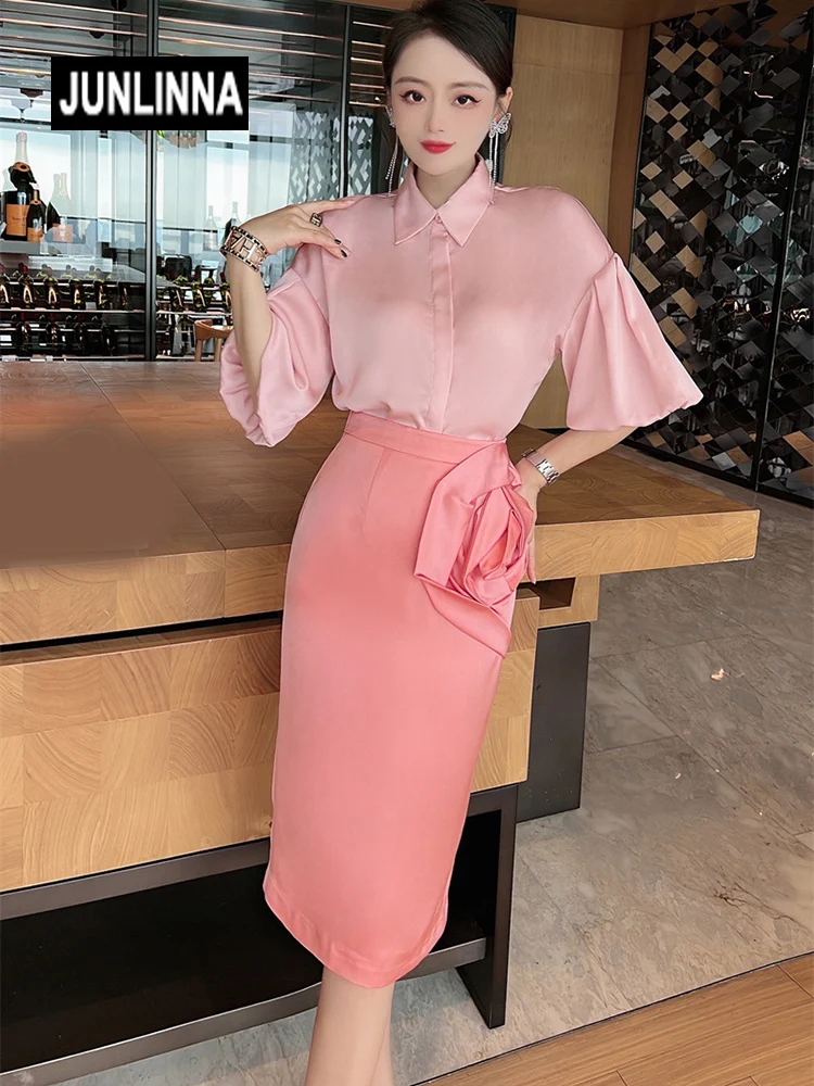 

JUNLINNA Summer Fashion Women's Two Piece Dress Hight Street 2 Piece Sets Pure Colour Shirt+Discoil Flower Skirt Suit