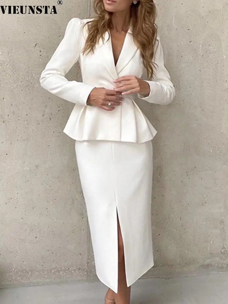 

OL Style Elegant Skirts Suit Set Women Notched Collar Blazer & Slit Skirt Outfits 2022 Spring Autumn Solid Two Piece Sets Mujer