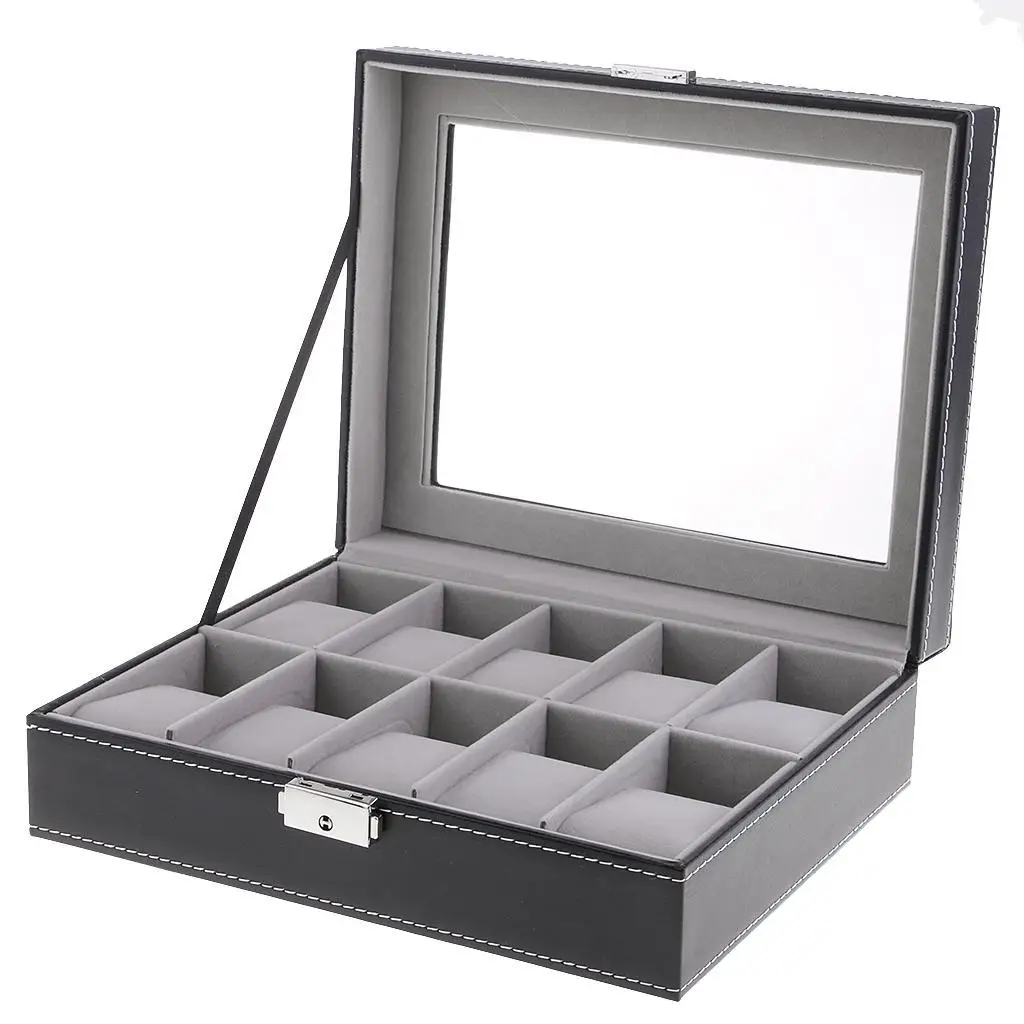 

Watch Box Organizer 10 Slot Premium Display Case Holder Collectible Top Glass