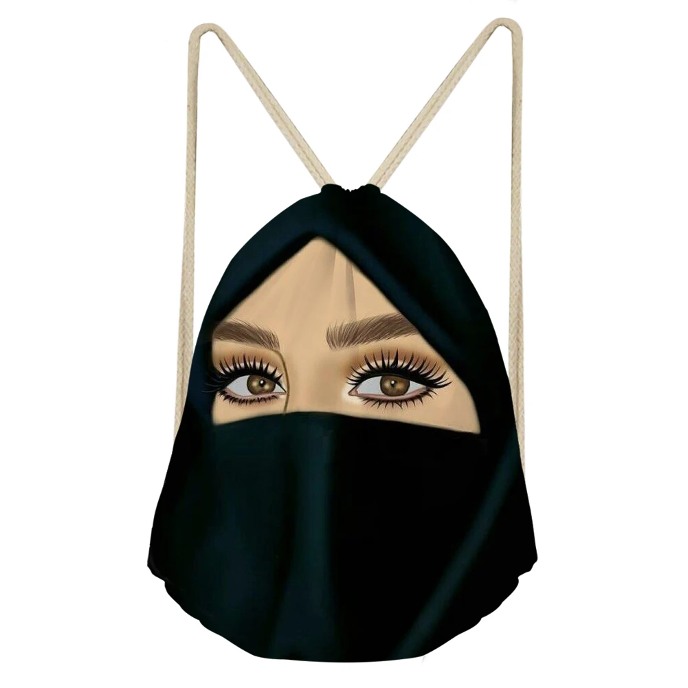 Hijab Face Muslim Islamic Gril Eyes Design Drawstring Bag Premium Women Outdoor Backpack High Quality Teenager Clothes Rucksack