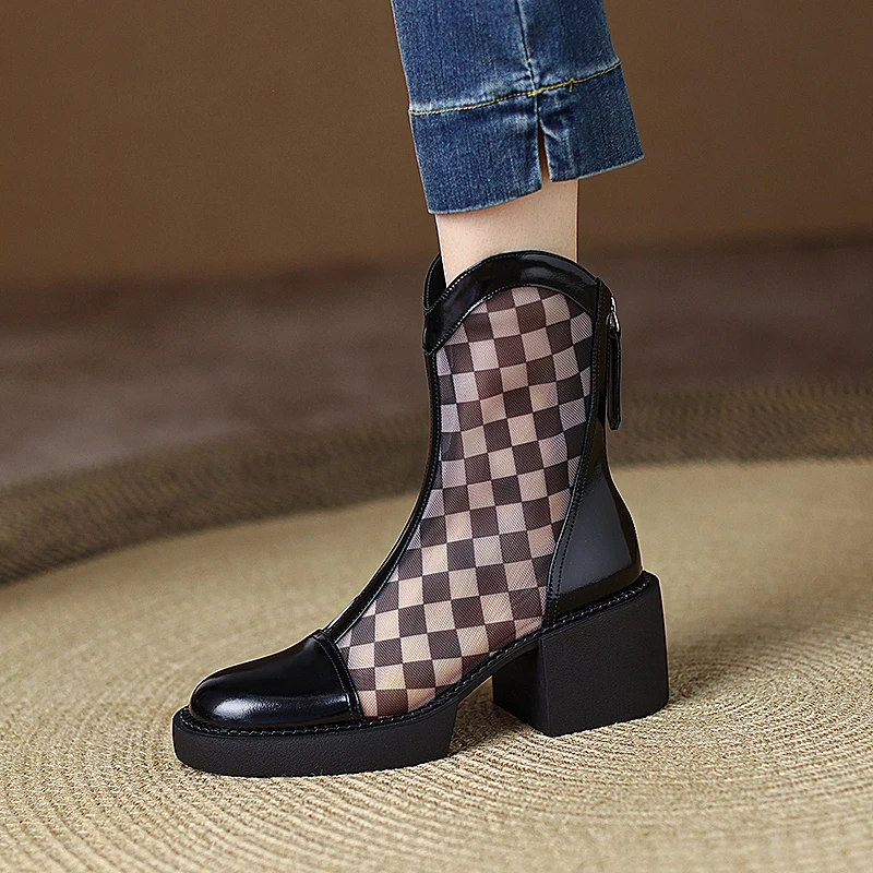 Женские ботильоны из натуральной кожи летние дышащие ботинки овчины и шахматной