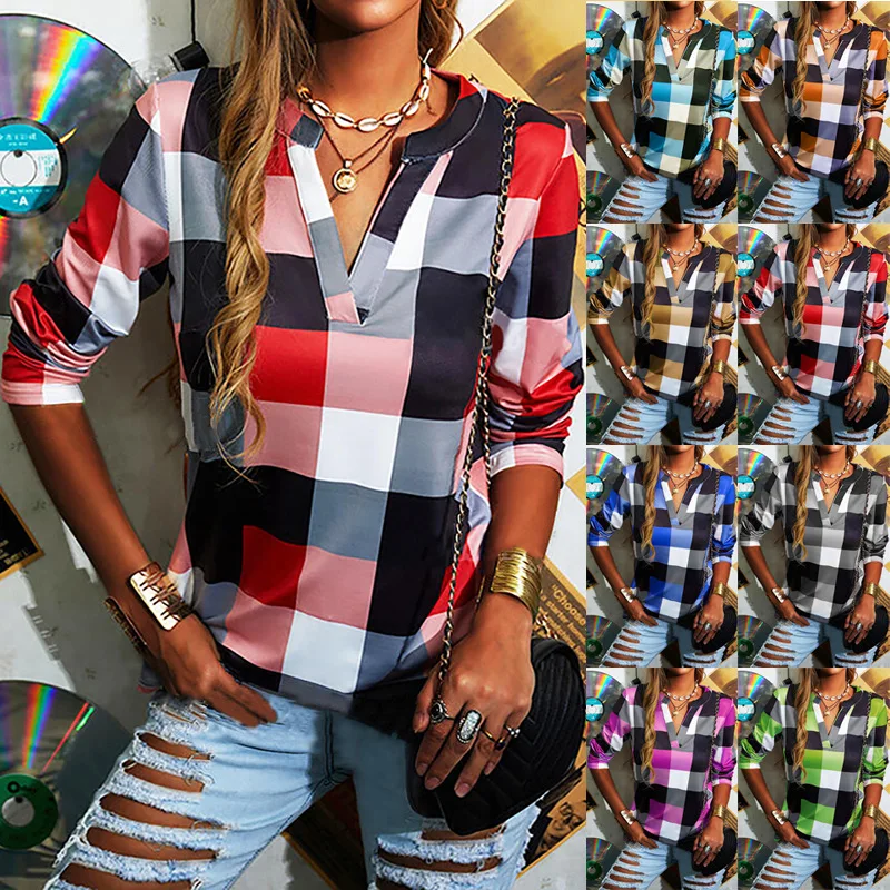 

2021 Women's New Autumn Shirt T-shirt Plaid Printed V-neck Long Sleeve Top Casual Loose Large Size Ladies T-shirt Camiseta Mujer